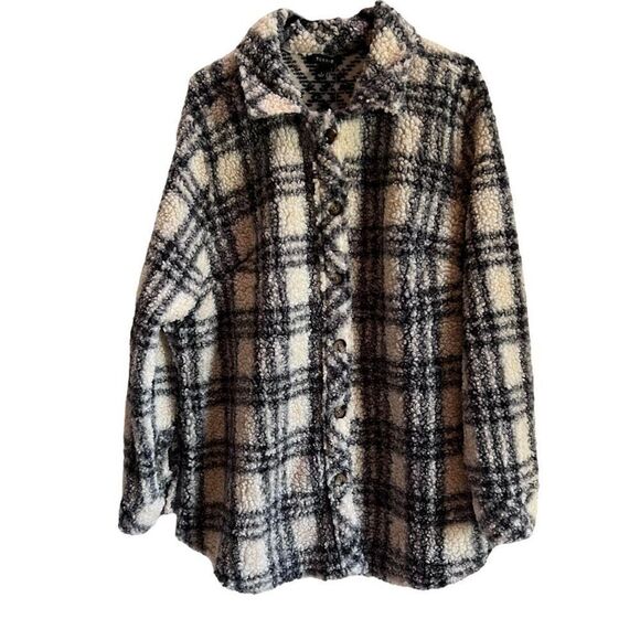 Torrid Sherpa Plaid Button Front Shacket Cream Black Size 1 NWT - Picture 1 of 7